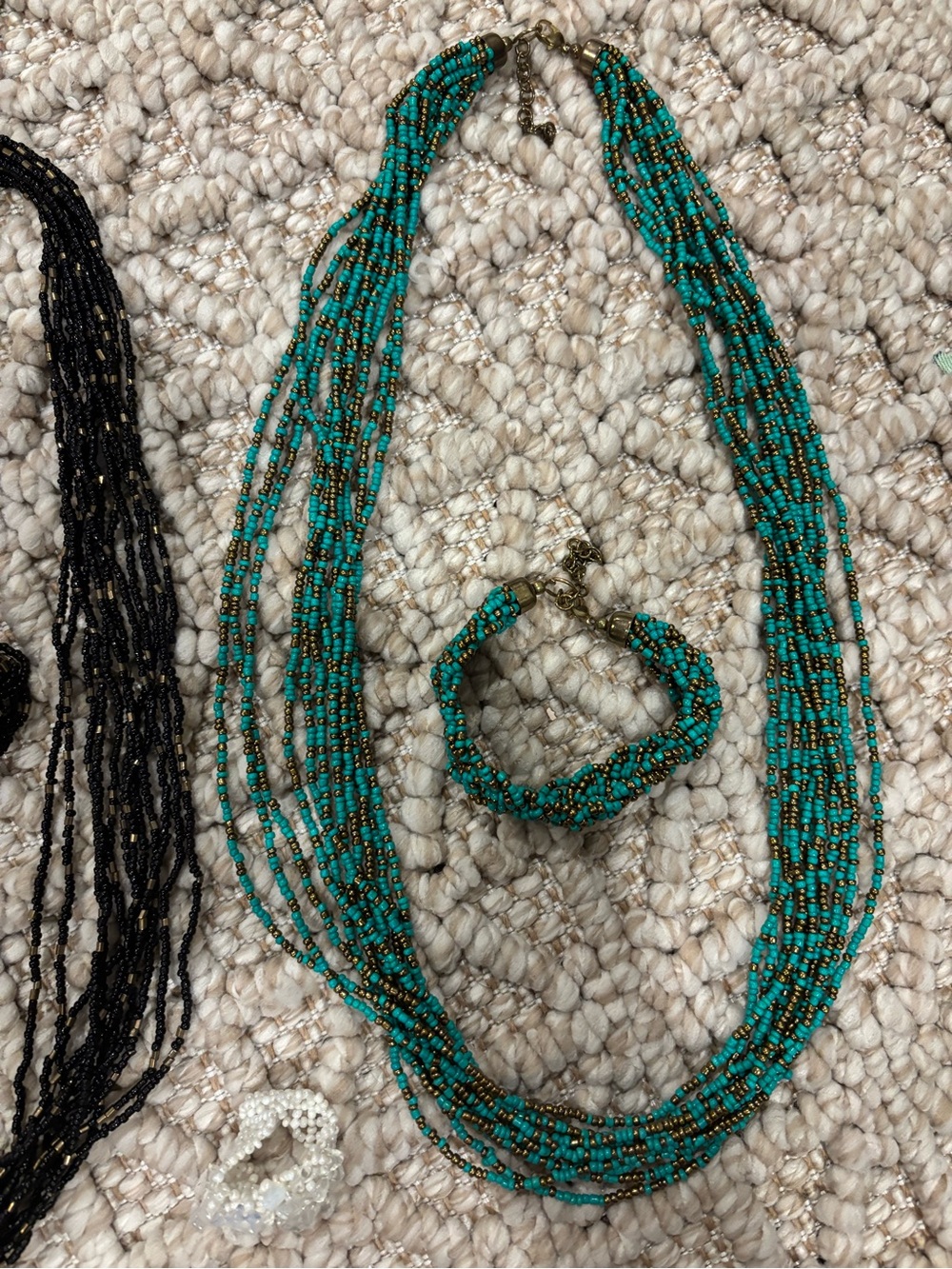 Multi-Strand Black and Teal Beaded Necklace Sets with Matching Bracelet Lot - Picture 3 of 4